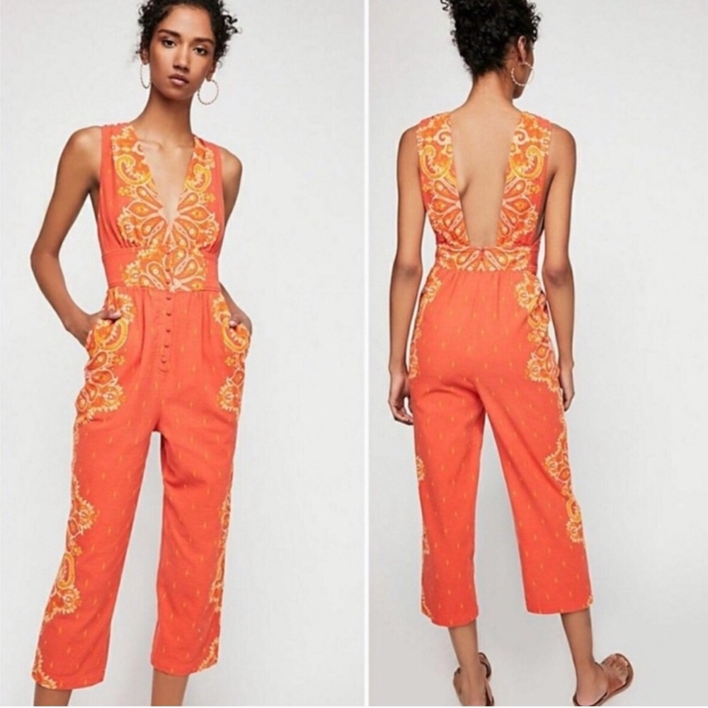 Free People Setting Sun orange sleeveless 100% cotton jumpsuit - Picture 11 of 13